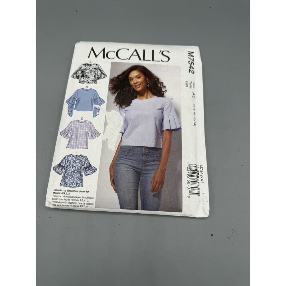 McCalls M7542 Misses Tops Sewing Pattern Bell Sleeve Size 6-14 UNCUT